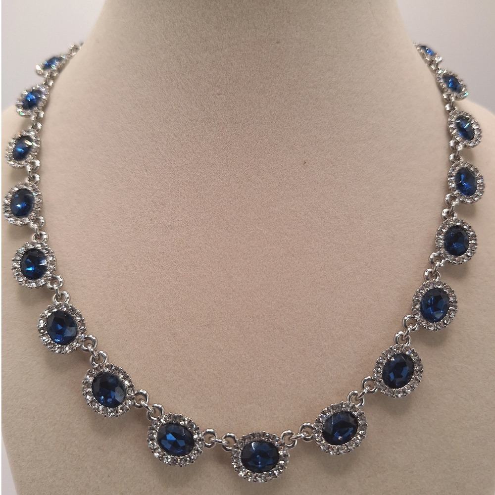 Sapphire blue crystal halo collar bib necklace pave rhinestones Princess Diana